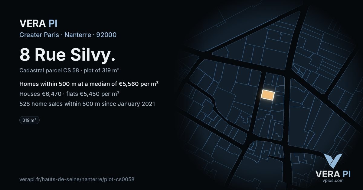 8 Rue Silvy, Nanterre at night – the plot lit, the parcels around coloured by the prices near them