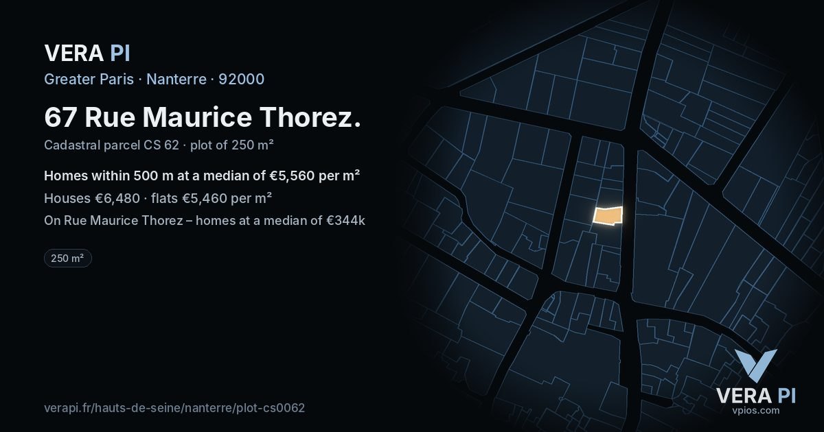 67 Rue Maurice Thorez, Nanterre at night – the plot lit, the parcels around coloured by the prices near them