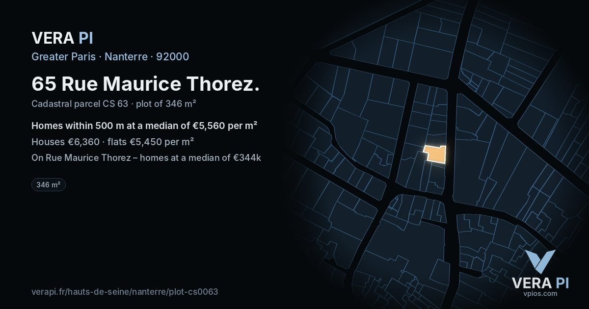 65 Rue Maurice Thorez, Nanterre at night – the plot lit, the parcels around coloured by the prices near them