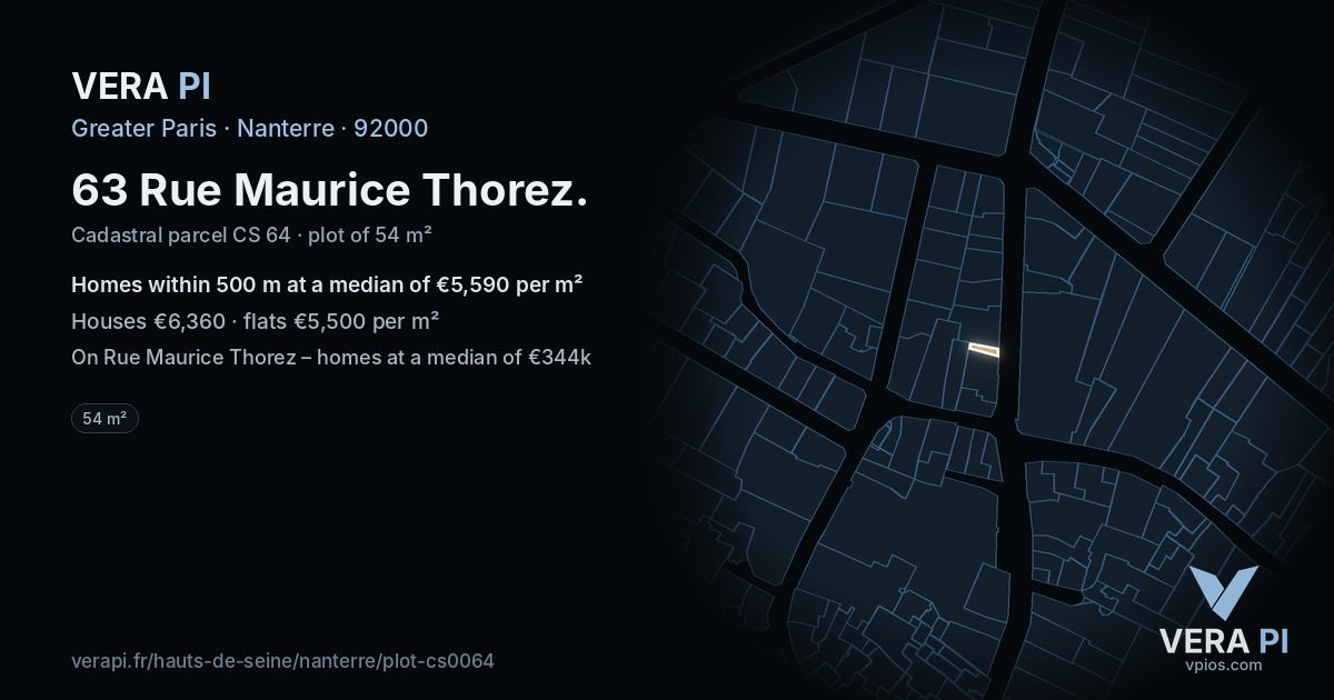 63 Rue Maurice Thorez, Nanterre at night – the plot lit, the parcels around coloured by the prices near them
