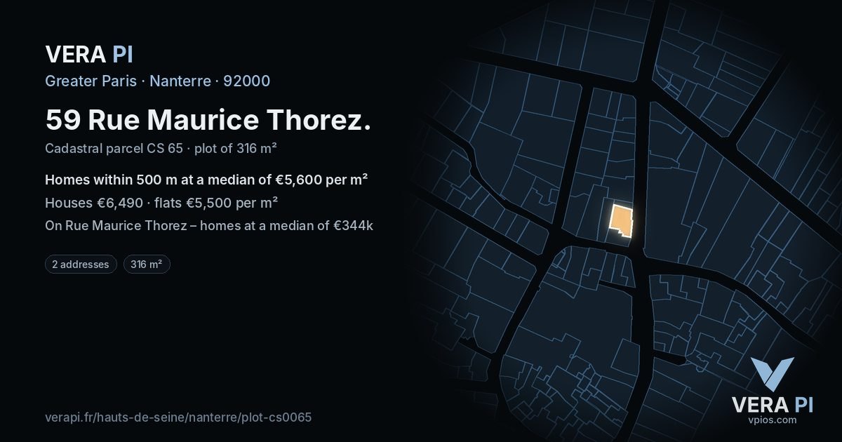 59 Rue Maurice Thorez, Nanterre at night – the plot lit, the parcels around coloured by the prices near them