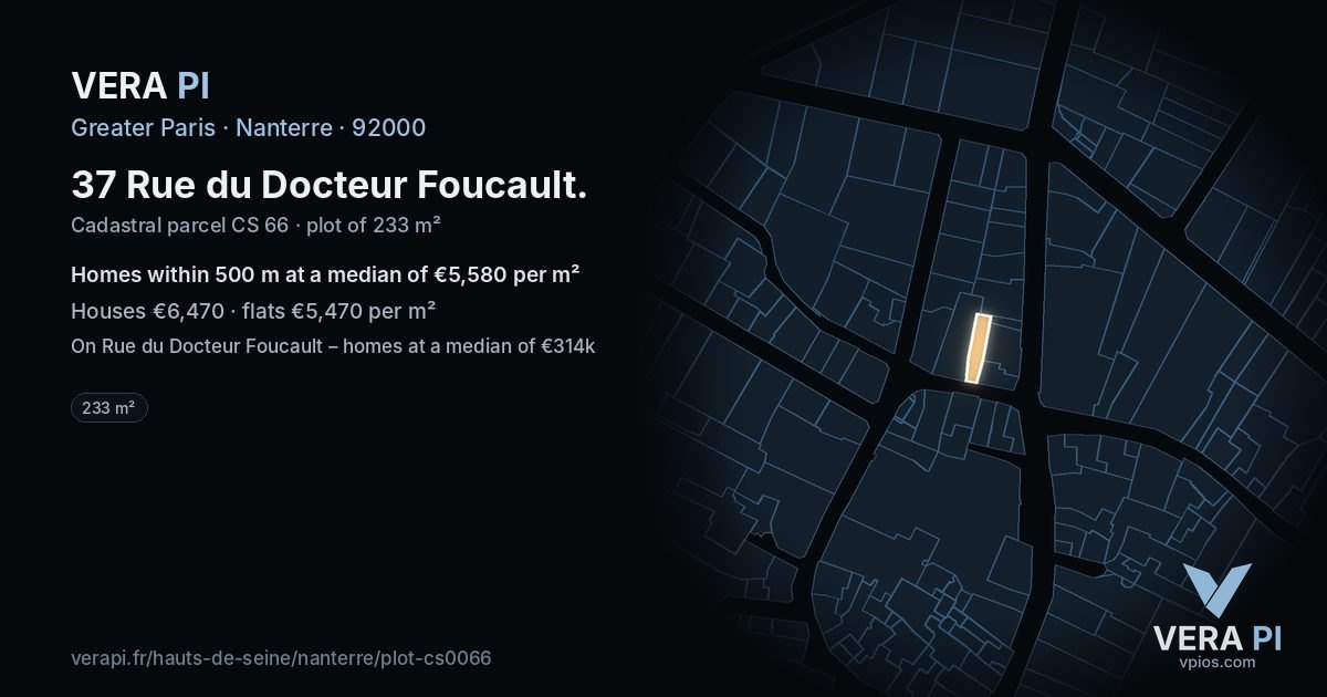 37 Rue du Docteur Foucault, Nanterre at night – the plot lit, the parcels around coloured by the prices near them