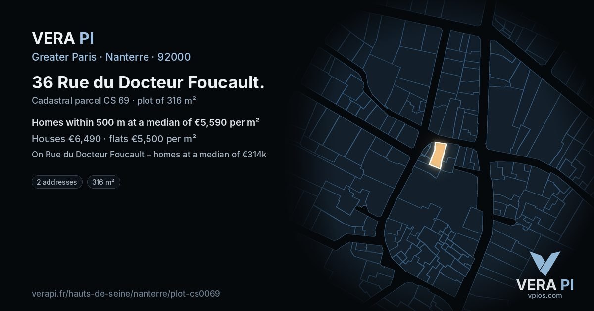 36 Rue du Docteur Foucault, Nanterre at night – the plot lit, the parcels around coloured by the prices near them