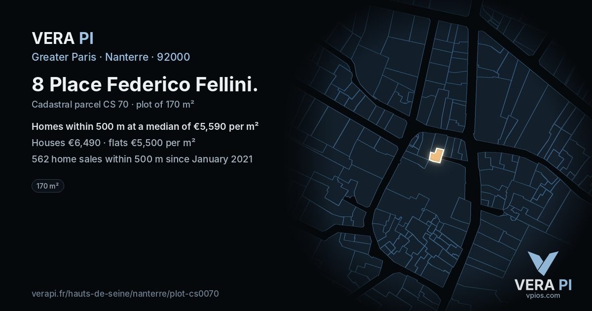 8 Place Federico Fellini, Nanterre at night – the plot lit, the parcels around coloured by the prices near them