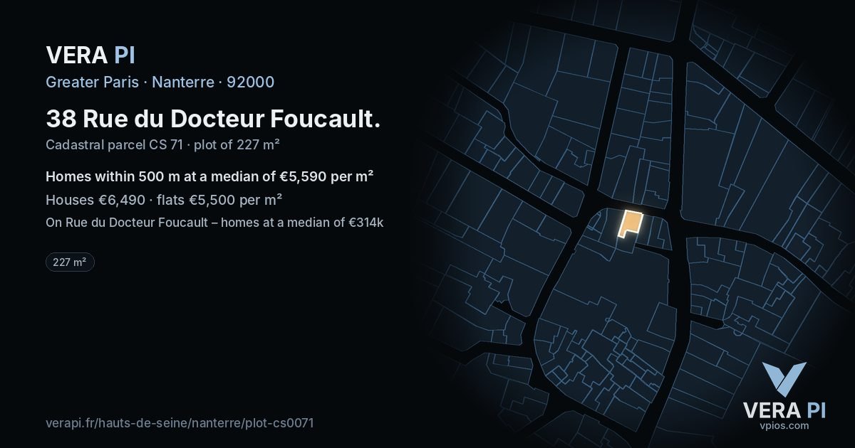 38 Rue du Docteur Foucault, Nanterre at night – the plot lit, the parcels around coloured by the prices near them