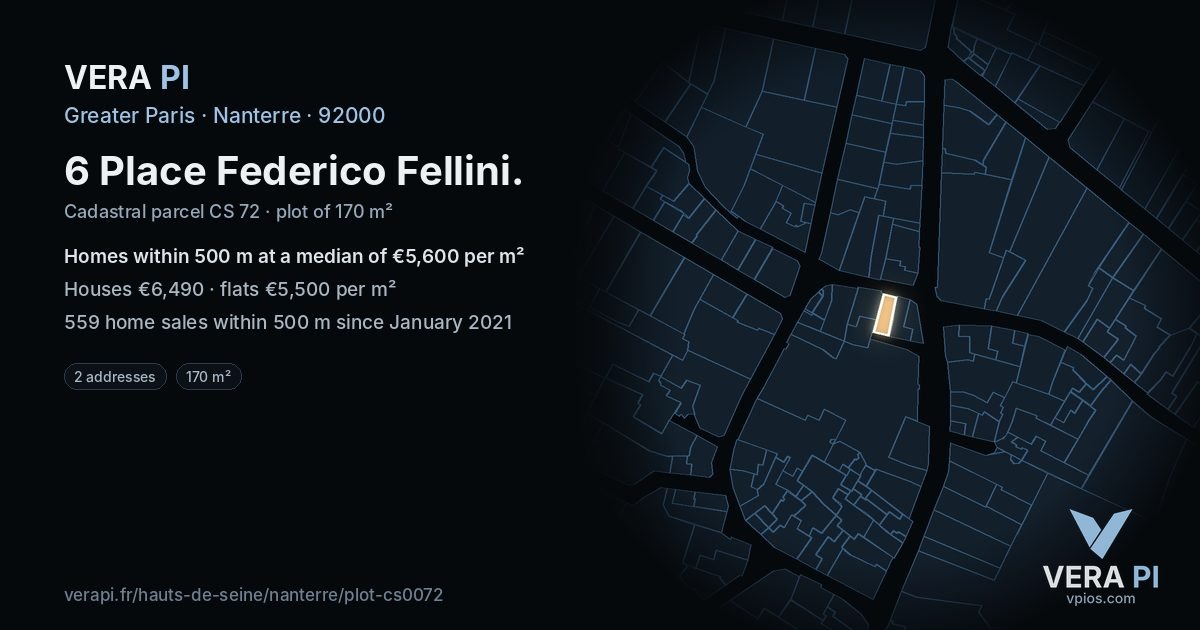 6 Place Federico Fellini, Nanterre at night – the plot lit, the parcels around coloured by the prices near them