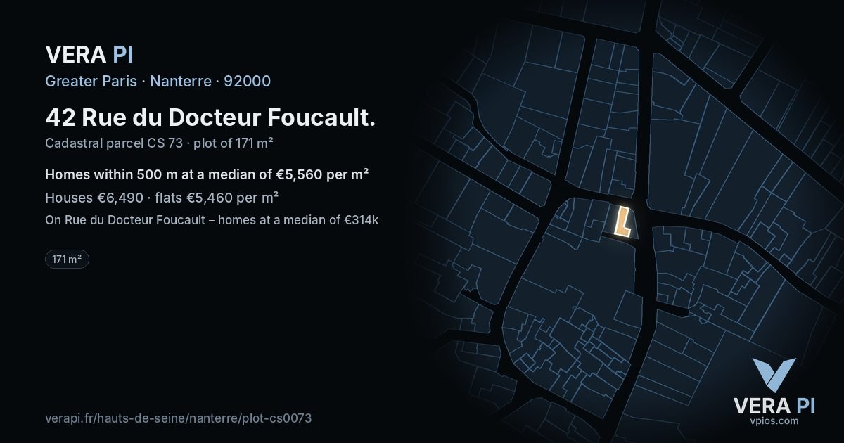 42 Rue du Docteur Foucault, Nanterre at night – the plot lit, the parcels around coloured by the prices near them