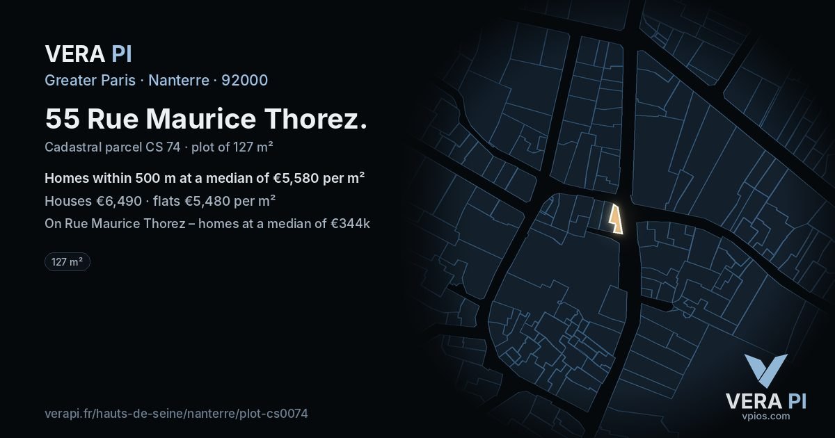 55 Rue Maurice Thorez, Nanterre at night – the plot lit, the parcels around coloured by the prices near them