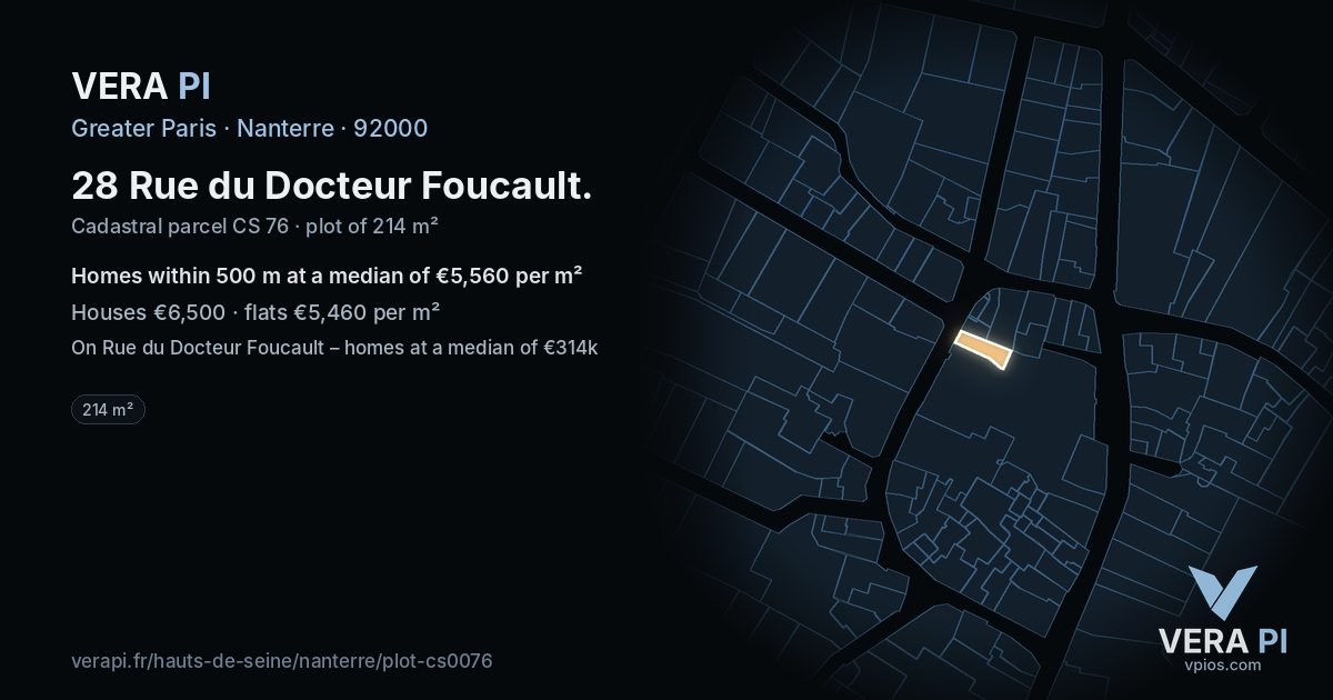 28 Rue du Docteur Foucault, Nanterre at night – the plot lit, the parcels around coloured by the prices near them