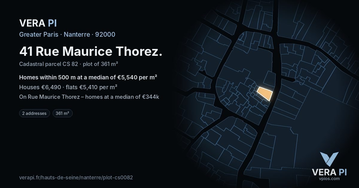 41 Rue Maurice Thorez, Nanterre at night – the plot lit, the parcels around coloured by the prices near them
