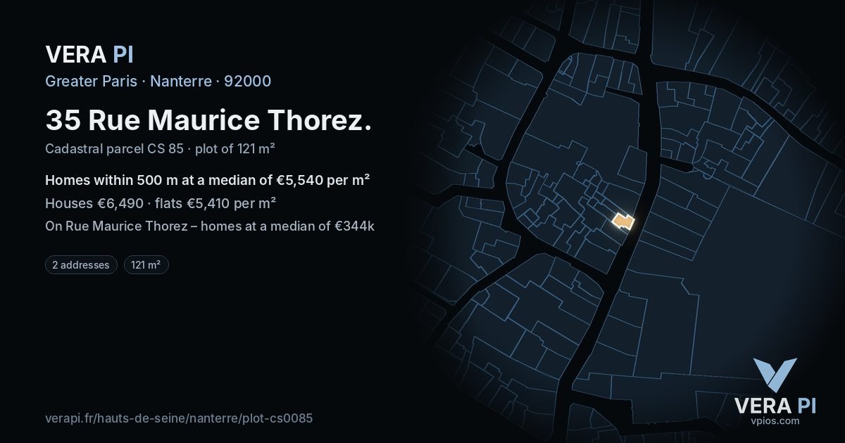 35 Rue Maurice Thorez, Nanterre at night – the plot lit, the parcels around coloured by the prices near them
