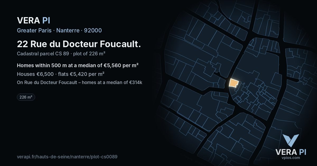 22 Rue du Docteur Foucault, Nanterre at night – the plot lit, the parcels around coloured by the prices near them