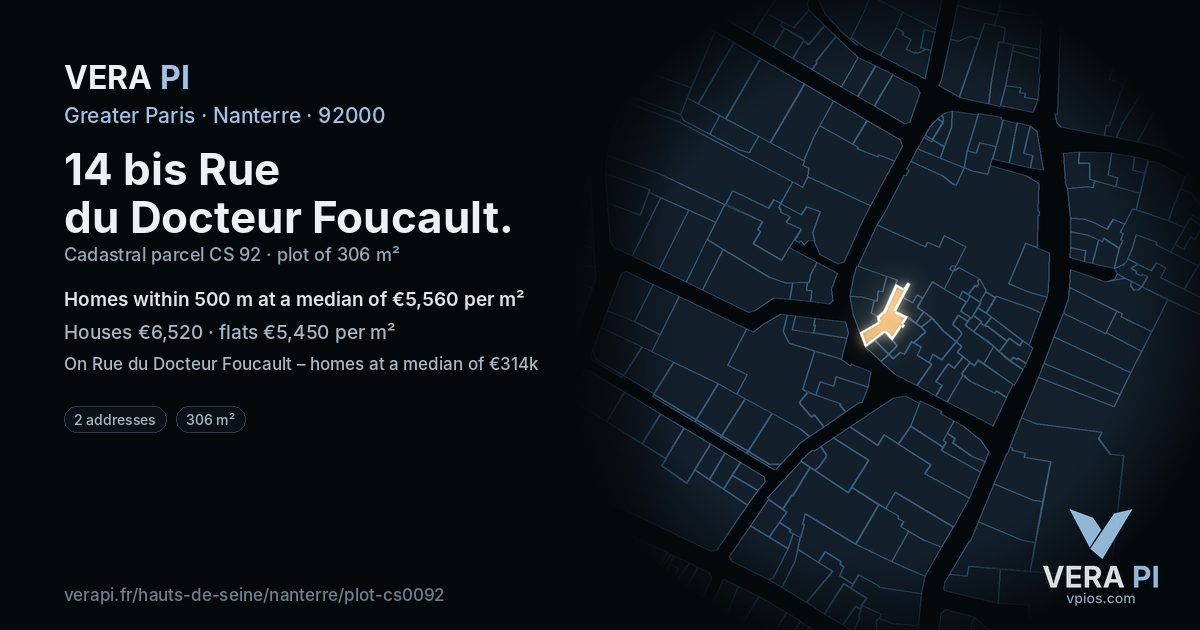 14 bis Rue du Docteur Foucault, Nanterre at night – the plot lit, the parcels around coloured by the prices near them
