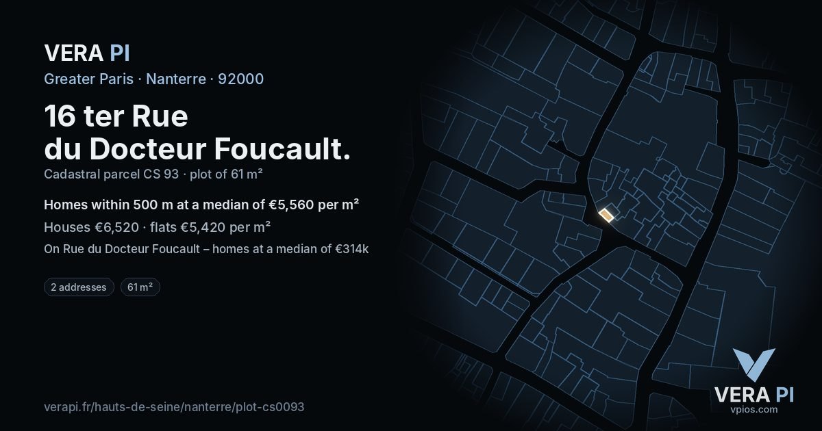 16 ter Rue du Docteur Foucault, Nanterre at night – the plot lit, the parcels around coloured by the prices near them