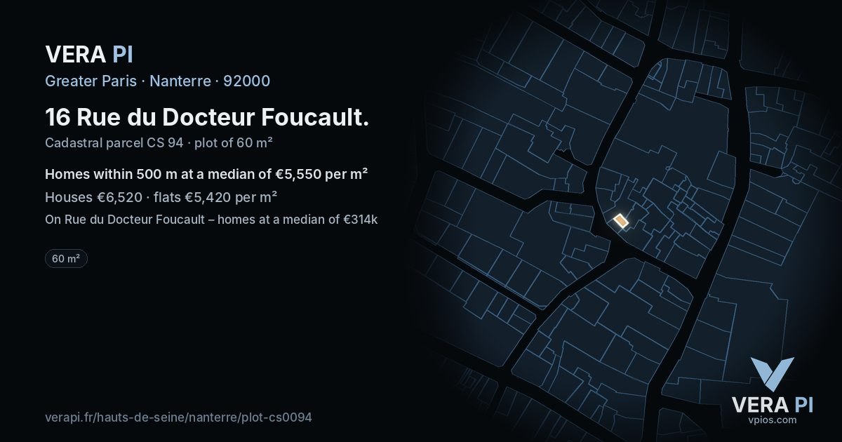 16 Rue du Docteur Foucault, Nanterre at night – the plot lit, the parcels around coloured by the prices near them