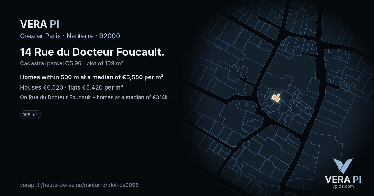 14 Rue du Docteur Foucault, Nanterre at night – the plot lit, the parcels around coloured by the prices near them