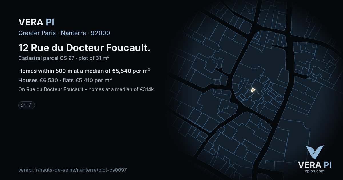 12 Rue du Docteur Foucault, Nanterre at night – the plot lit, the parcels around coloured by the prices near them