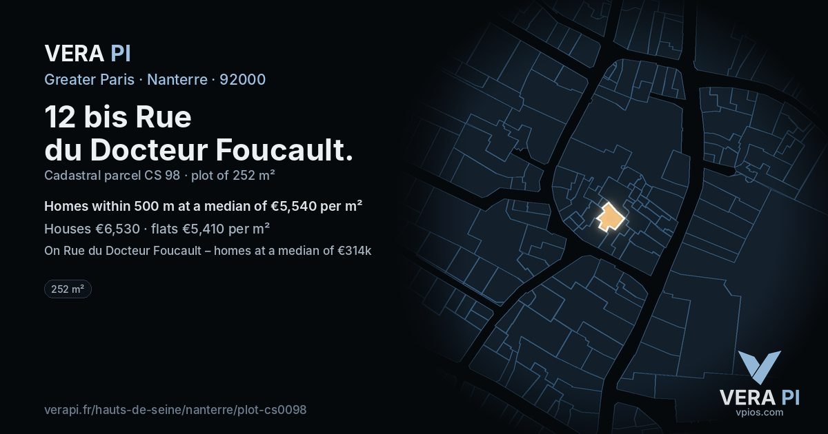 12 bis Rue du Docteur Foucault, Nanterre at night – the plot lit, the parcels around coloured by the prices near them