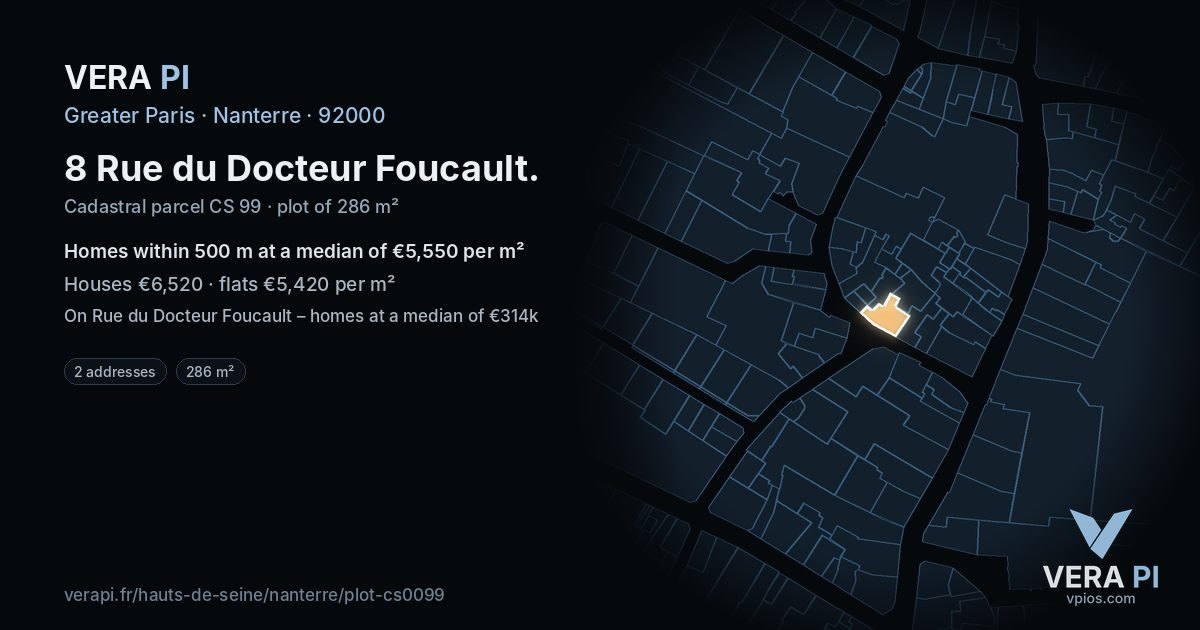 8 Rue du Docteur Foucault, Nanterre at night – the plot lit, the parcels around coloured by the prices near them