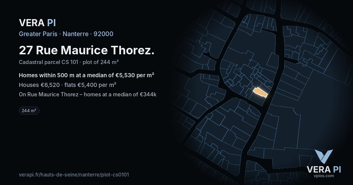 27 Rue Maurice Thorez, Nanterre at night – the plot lit, the parcels around coloured by the prices near them