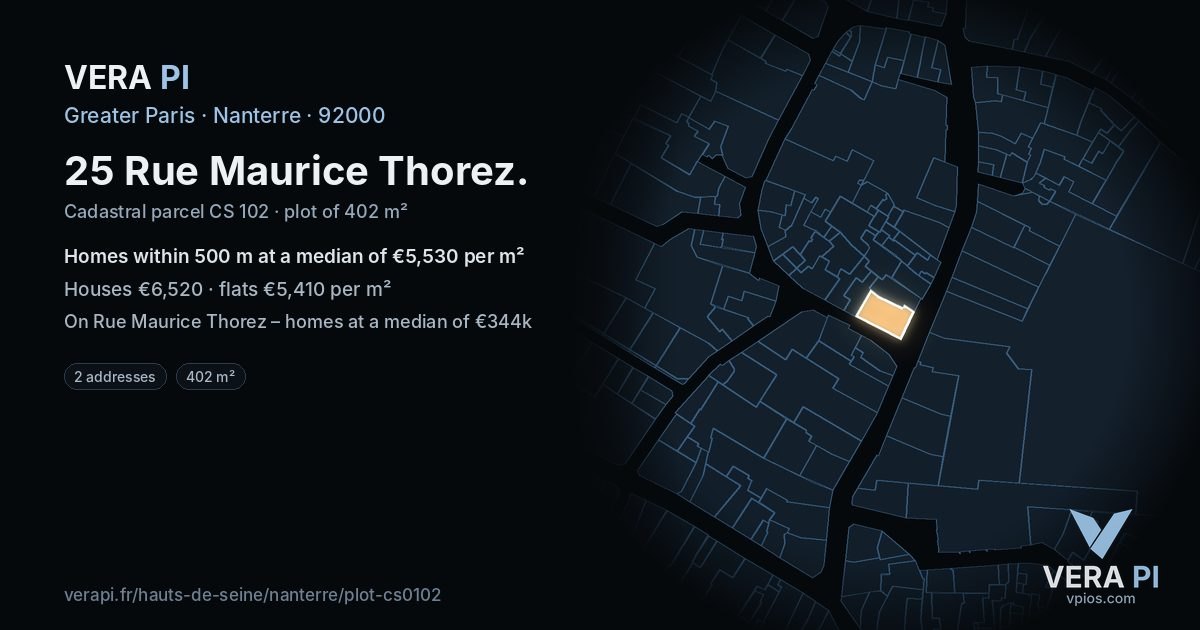 25 Rue Maurice Thorez, Nanterre at night – the plot lit, the parcels around coloured by the prices near them