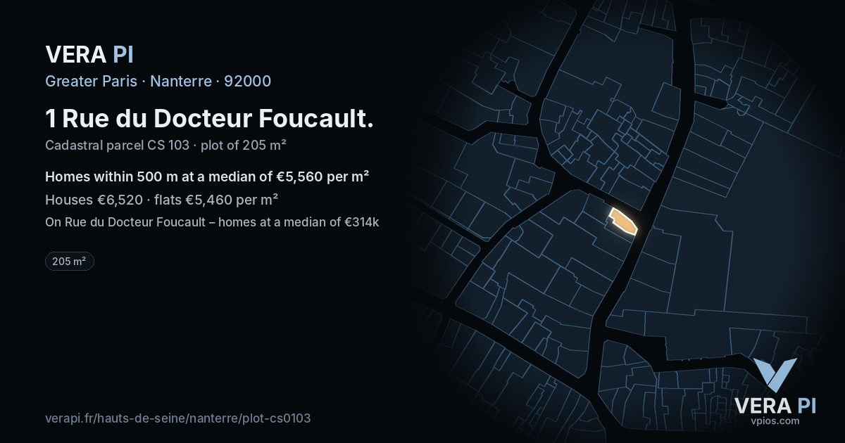 1 Rue du Docteur Foucault, Nanterre at night – the plot lit, the parcels around coloured by the prices near them