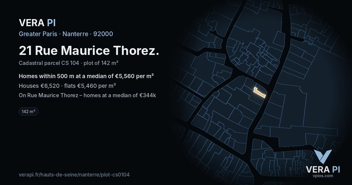 21 Rue Maurice Thorez, Nanterre at night – the plot lit, the parcels around coloured by the prices near them