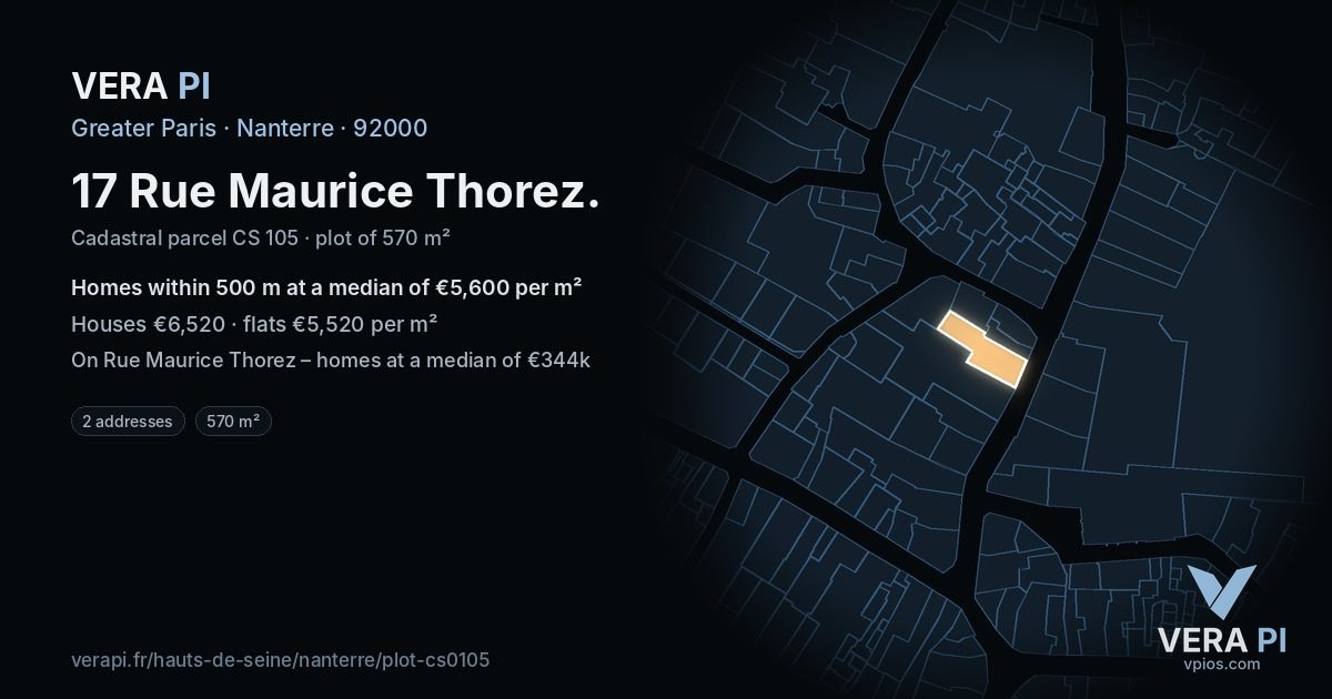 17 Rue Maurice Thorez, Nanterre at night – the plot lit, the parcels around coloured by the prices near them