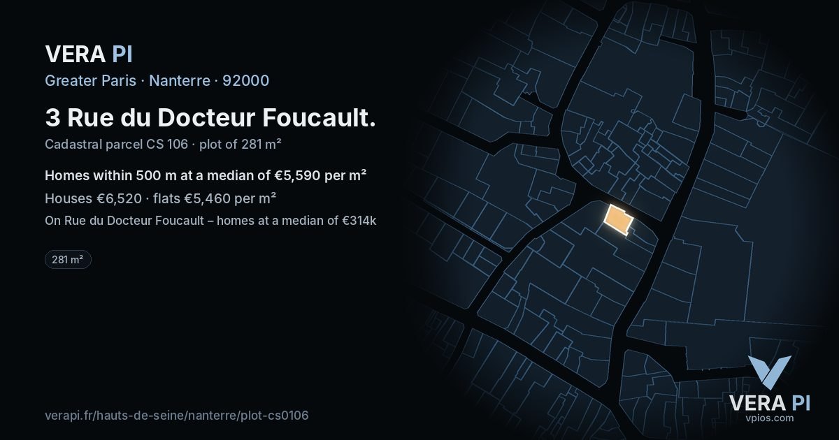 3 Rue du Docteur Foucault, Nanterre at night – the plot lit, the parcels around coloured by the prices near them