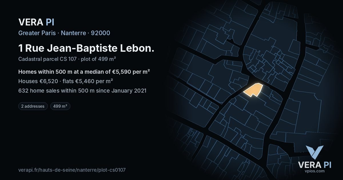 1 Rue Jean-Baptiste Lebon, Nanterre at night – the plot lit, the parcels around coloured by the prices near them