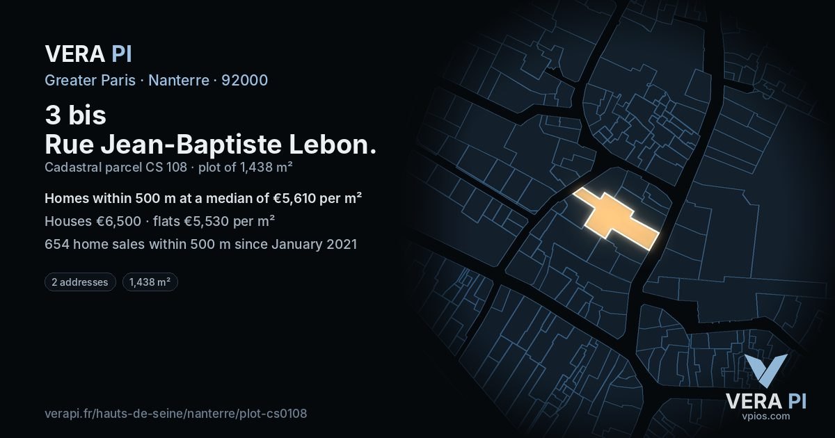 3 bis Rue Jean-Baptiste Lebon, Nanterre at night – the plot lit, the parcels around coloured by the prices near them