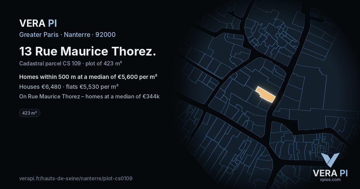 13 Rue Maurice Thorez, Nanterre at night – the plot lit, the parcels around coloured by the prices near them