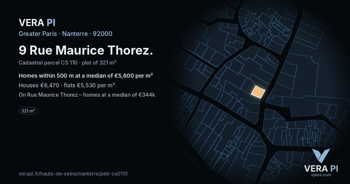 9 Rue Maurice Thorez, Nanterre at night – the plot lit, the parcels around coloured by the prices near them