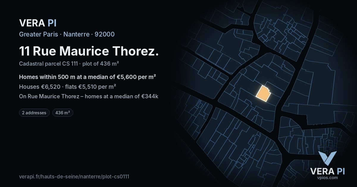 11 Rue Maurice Thorez, Nanterre at night – the plot lit, the parcels around coloured by the prices near them