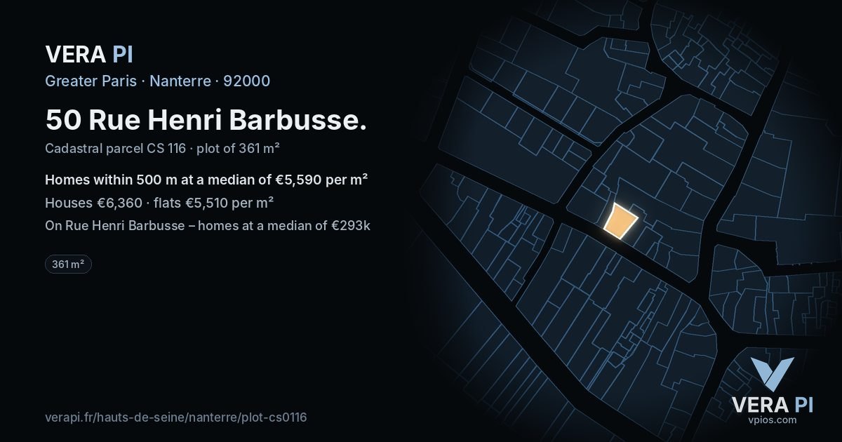 50 Rue Henri Barbusse, Nanterre at night – the plot lit, the parcels around coloured by the prices near them