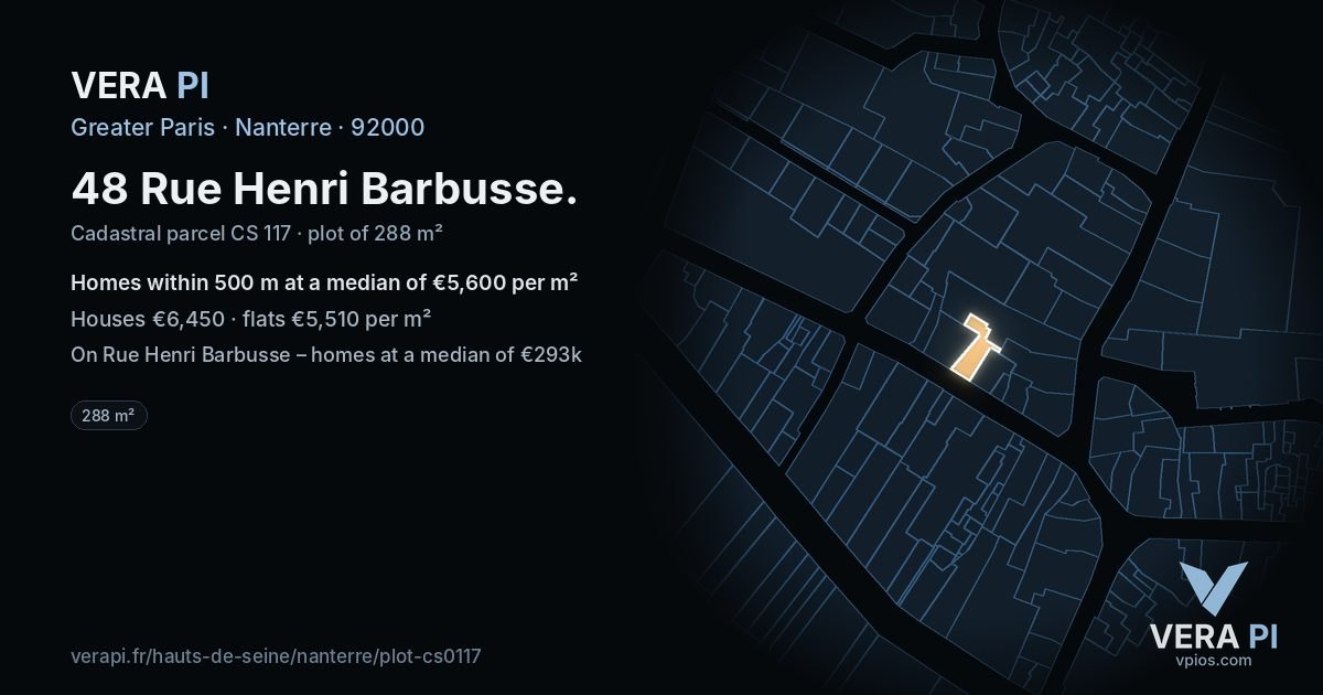 48 Rue Henri Barbusse, Nanterre at night – the plot lit, the parcels around coloured by the prices near them