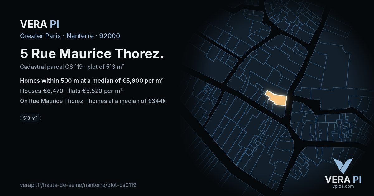 5 Rue Maurice Thorez, Nanterre at night – the plot lit, the parcels around coloured by the prices near them