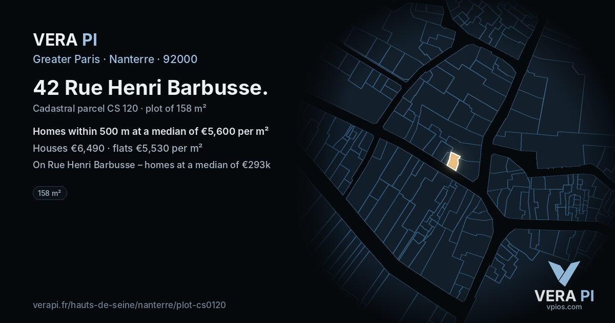 42 Rue Henri Barbusse, Nanterre at night – the plot lit, the parcels around coloured by the prices near them