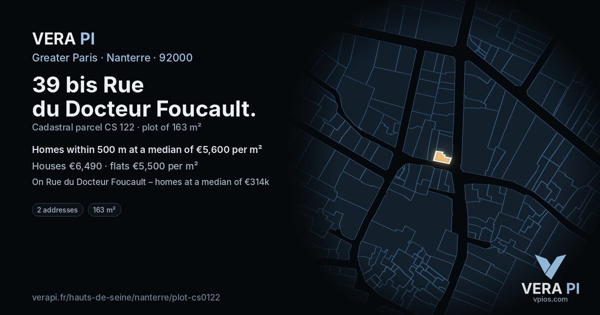 39 bis Rue du Docteur Foucault, Nanterre at night – the plot lit, the parcels around coloured by the prices near them