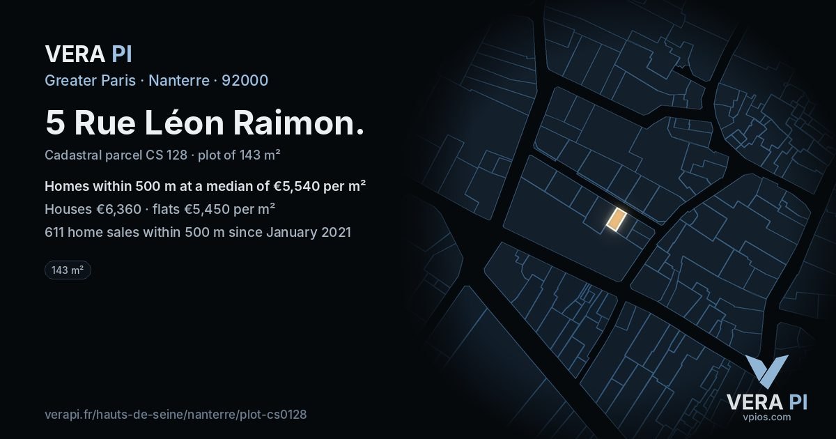 5 Rue Léon Raimon, Nanterre at night – the plot lit, the parcels around coloured by the prices near them