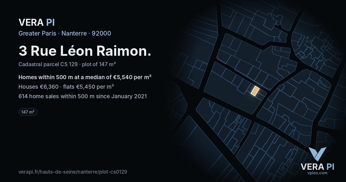 3 Rue Léon Raimon, Nanterre at night – the plot lit, the parcels around coloured by the prices near them