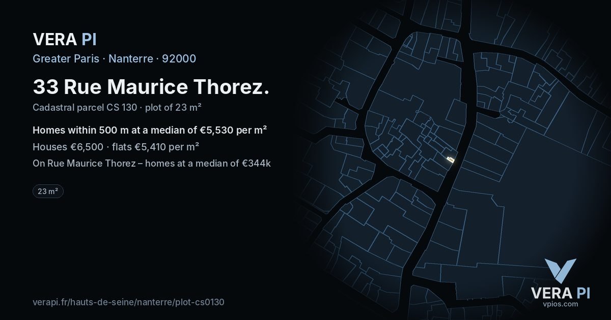 33 Rue Maurice Thorez, Nanterre at night – the plot lit, the parcels around coloured by the prices near them