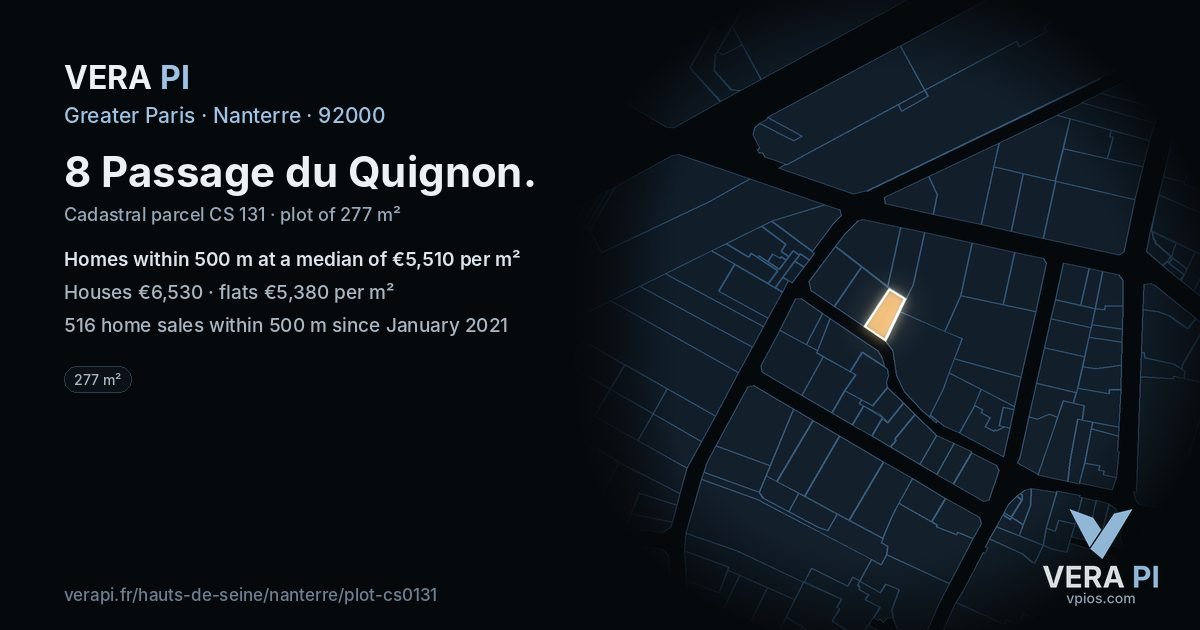 8 Passage du Quignon, Nanterre at night – the plot lit, the parcels around coloured by the prices near them