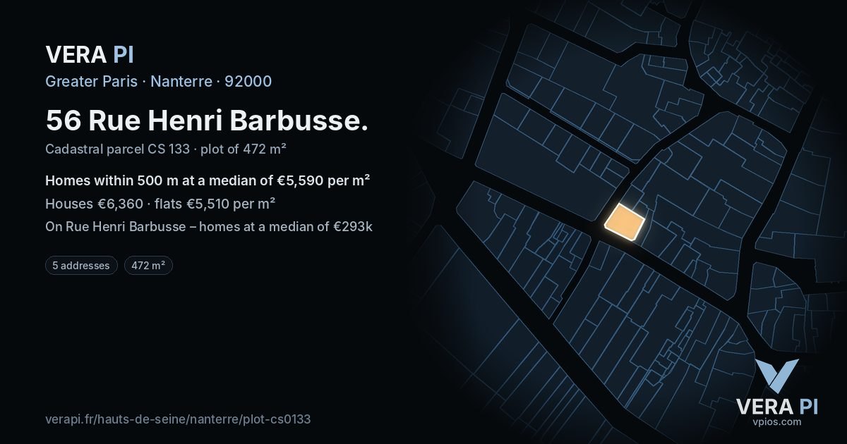 56 Rue Henri Barbusse, Nanterre at night – the plot lit, the parcels around coloured by the prices near them