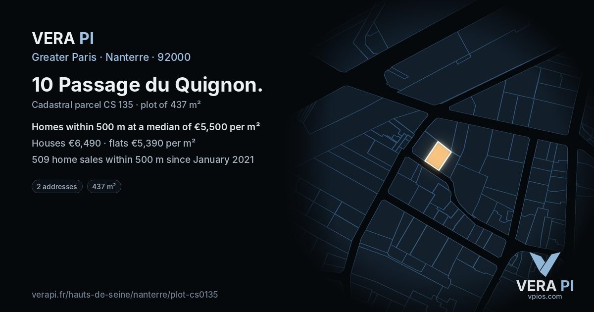 10 Passage du Quignon, Nanterre at night – the plot lit, the parcels around coloured by the prices near them