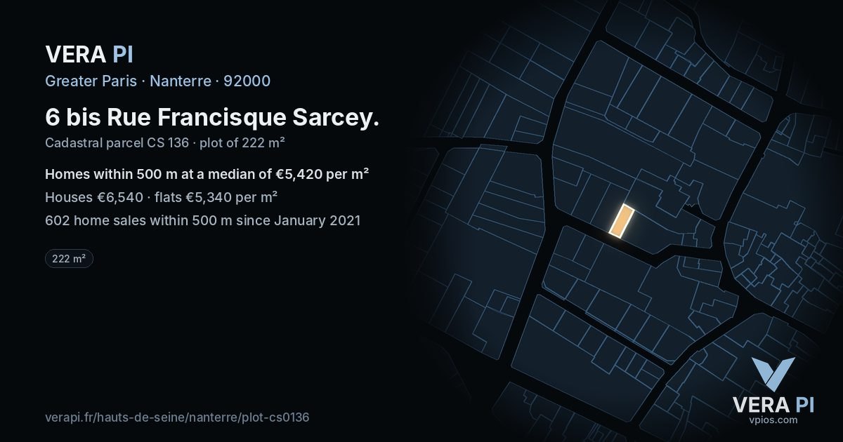 6 bis Rue Francisque Sarcey, Nanterre at night – the plot lit, the parcels around coloured by the prices near them