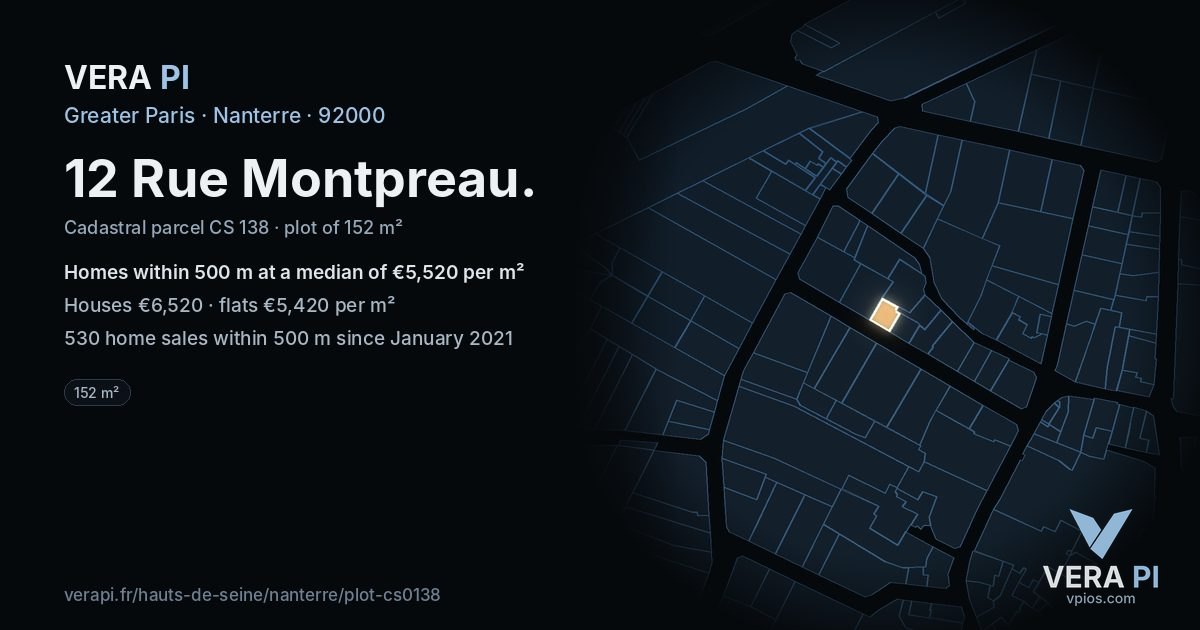 12 Rue Montpreau, Nanterre at night – the plot lit, the parcels around coloured by the prices near them