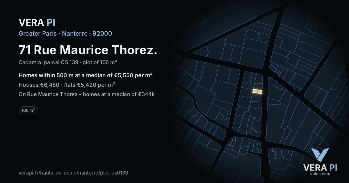 71 Rue Maurice Thorez, Nanterre at night – the plot lit, the parcels around coloured by the prices near them