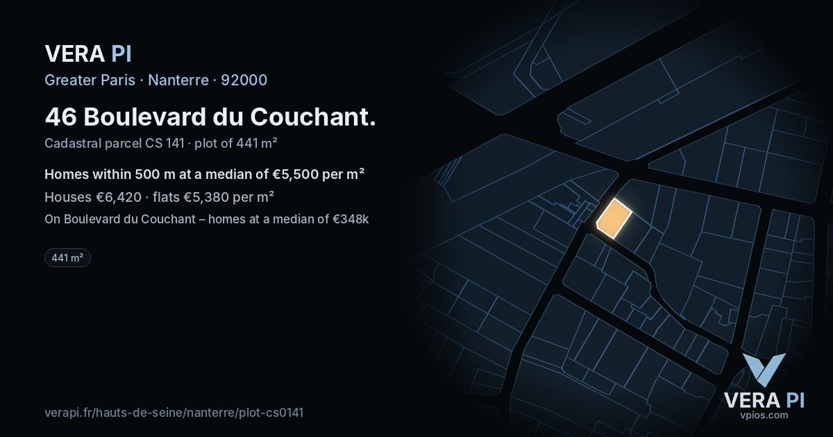46 Boulevard du Couchant, Nanterre at night – the plot lit, the parcels around coloured by the prices near them