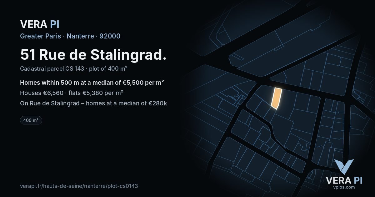 51 Rue de Stalingrad, Nanterre at night – the plot lit, the parcels around coloured by the prices near them